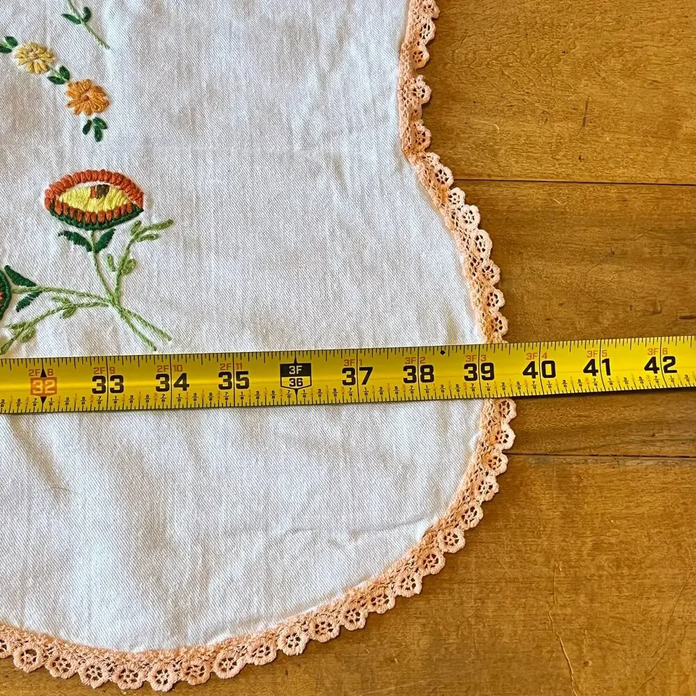 Vintage Hand Embroidered Floral Tablecloth 35x39.5 White Cotton Lace Edge Flower